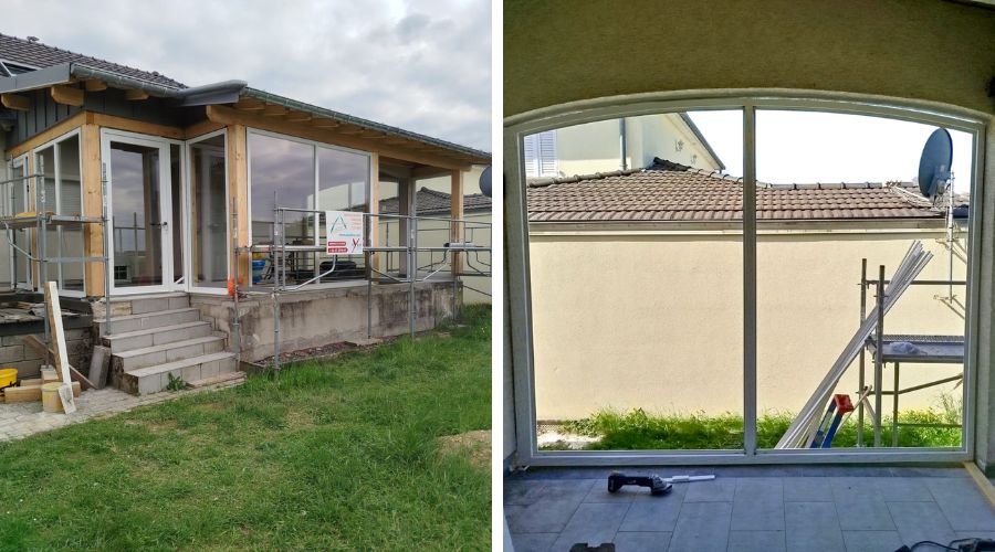 Extension de maison en cours de réalisation : toiture, fenêtres et porte PVC